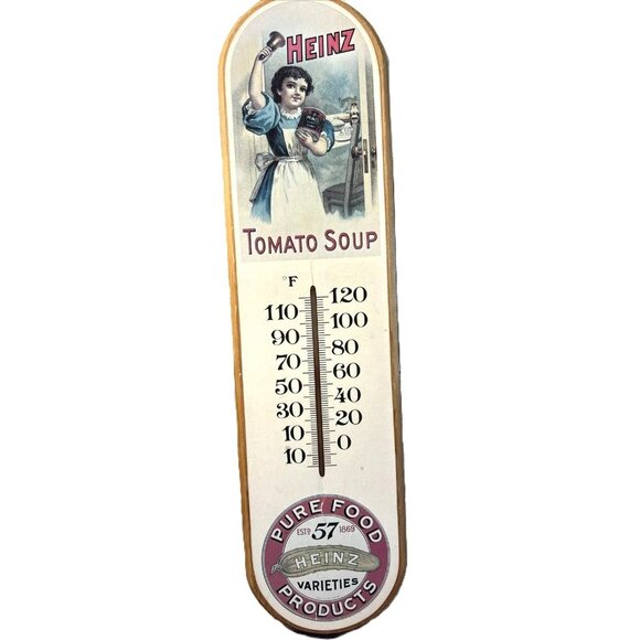 Vtg Heinz Tomato Soup Thermometer Wooden Sign By Crisloid RI 57 Varieties Pure F - Picture 1 of 5
